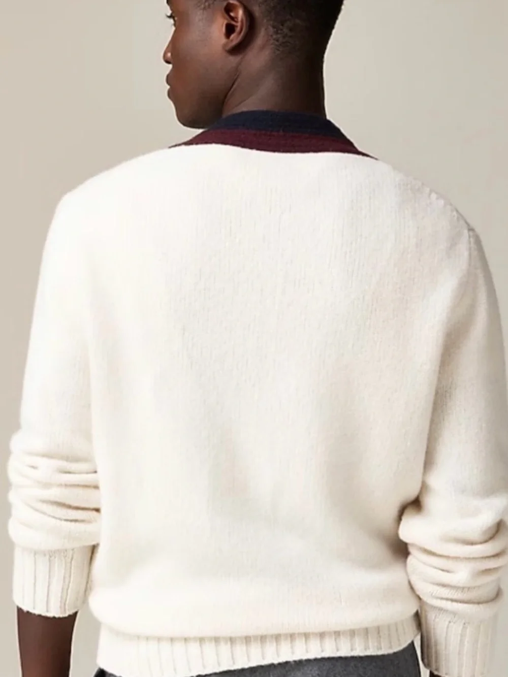 J. Crew Cream V‑Neck Sweater with Burgundy & Navy Trim Wool collection piece